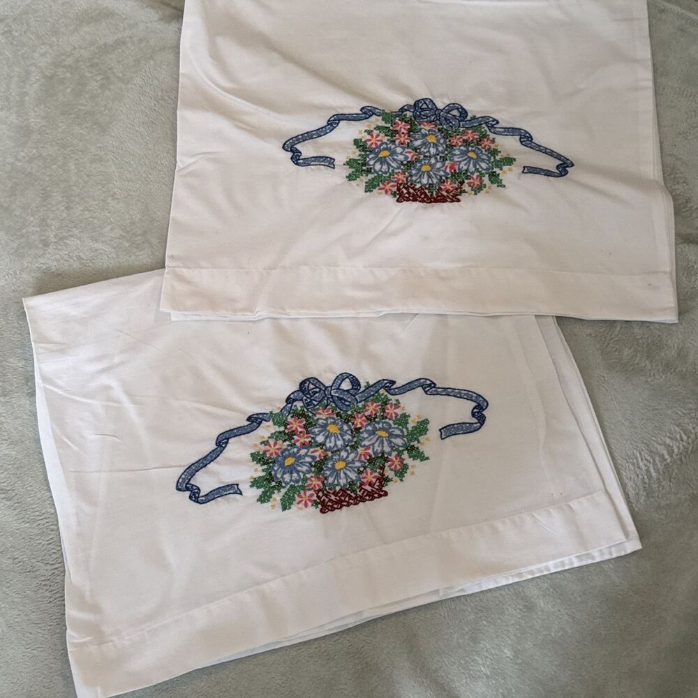 Vintage Pillowcase Pair Embroidered Pastel Flowers Grandma Cottage Core